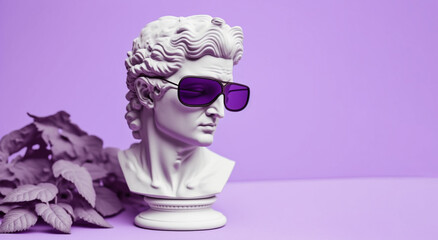 Gypsum statue head in sunglasses on a purple background illustration