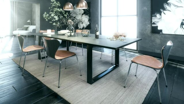 Esszimmer in einer Loft-Wohnung - 3D-Visualisierung in Endlosschleife