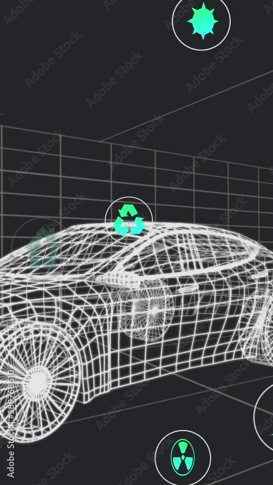 Poster animation of icons processing status data over 3d car model moving on black background