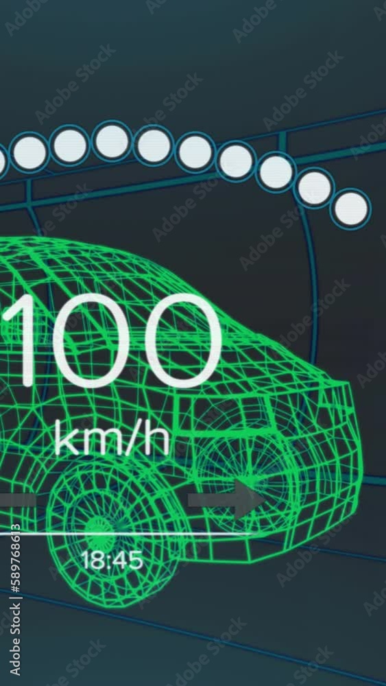 Poster animation of speedometer and power gauge over 3d van model moving on black background