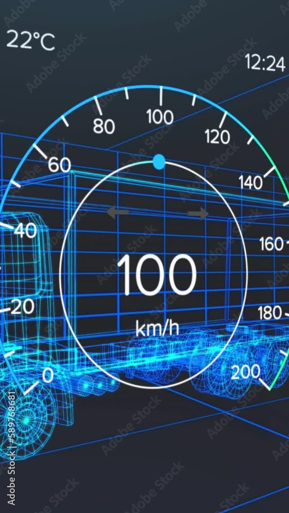 Poster animation of speedometer and power gauge over 3d lorry model moving on black background