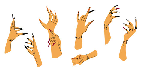 Witch hands with black nails, and rings. Boho style. Flat illustration. Vector.