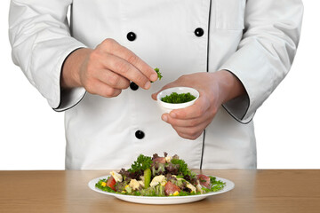 Chef in white uniform and  plate with food  gagainst white background