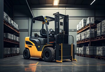 Electric forklift loading goods to truck. Interior view in modern distribution center. 3D rendering image. Generative AI
