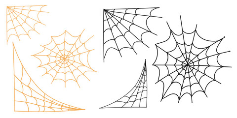 Set of spider web for Halloween. Halloween cobweb, frames and borders, scary elements for decoration. Hand drawn spider web or cobweb with hanging spider. Vector