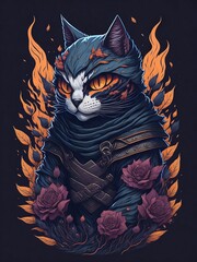 Cat with fire and flowers, Created using generative AI