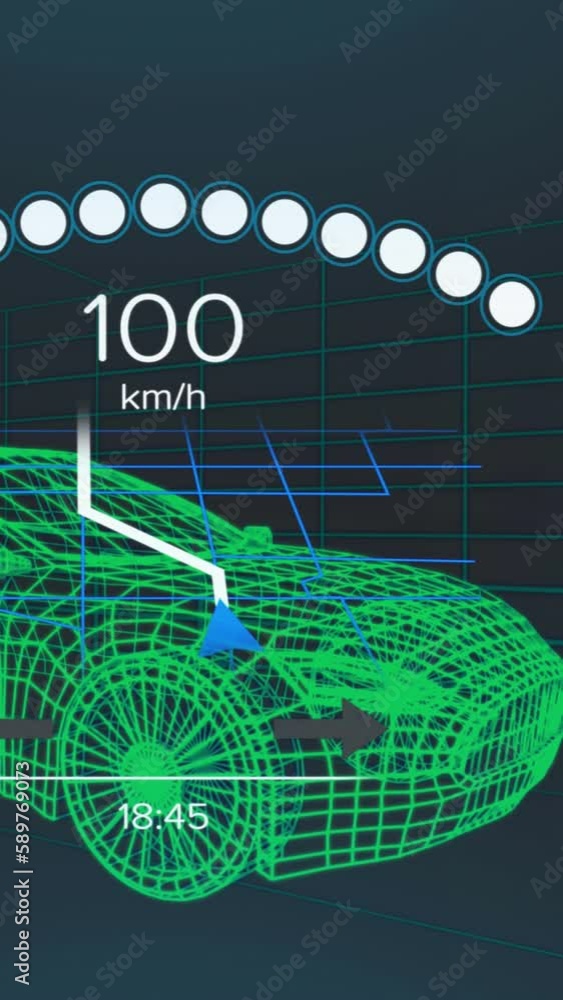 Poster animation of speedometer, gps and charge status data on vehicle interface, over 3d car model