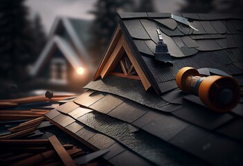 Detailed shingle roof installing in process, 3d illustration. Generative AI