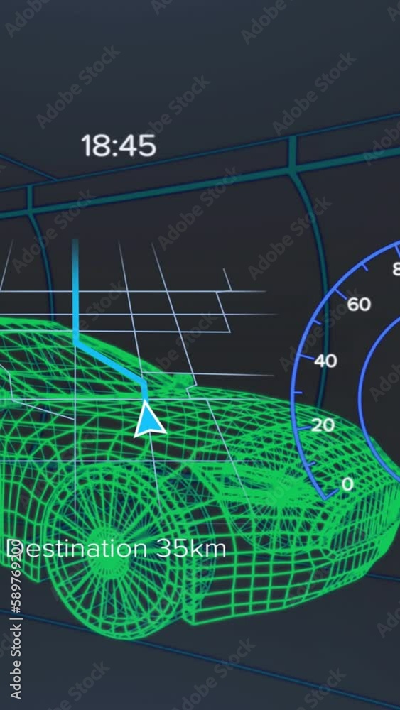 Poster animation of speedometer, gps and charge status data on vehicle interface, over 3d car model