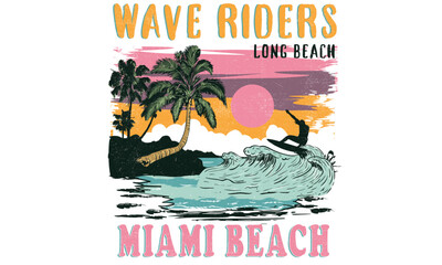 Wave riders. Beach wave graphic print design for t shirt print, poster, sticker, background and other uses. Summer good vibes retro artwork. Miami beach.