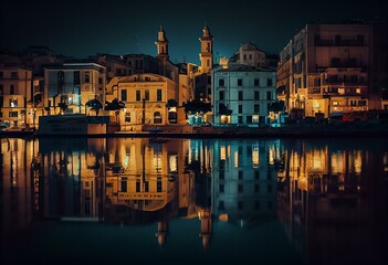 View of harbor and Valletta old town at night with reflection in water. Night Valletta. City center. Generative AI