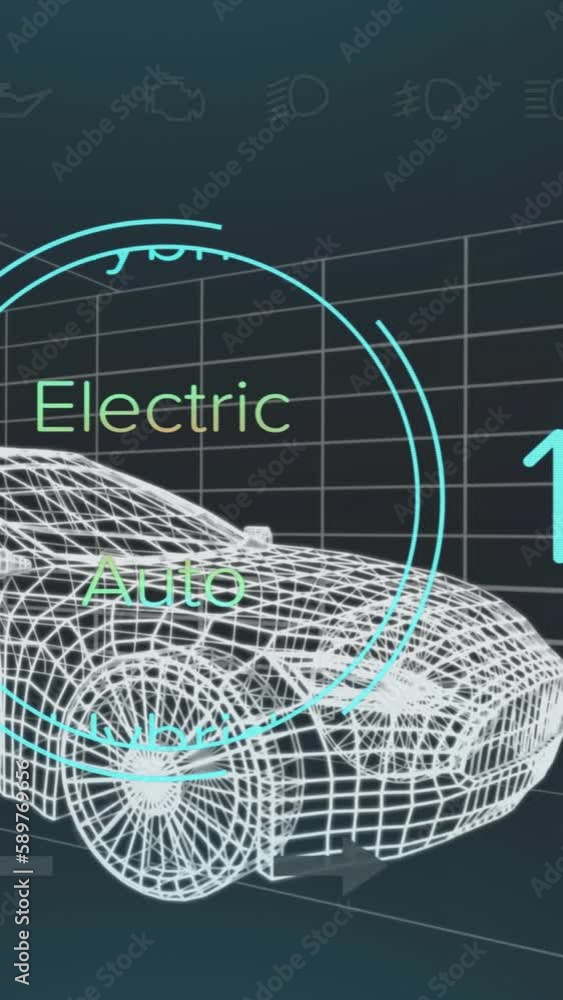 Poster Animation of speedometer and power status data on hybrid vehicle interface, over 3d car model