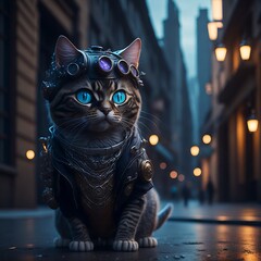 Cat with blue eyes wearing suit Created using generative AI