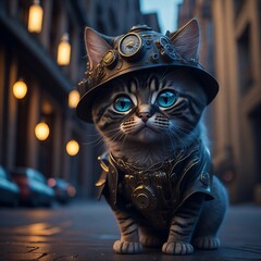 Cute kitten sitting in the city Created using generative AI