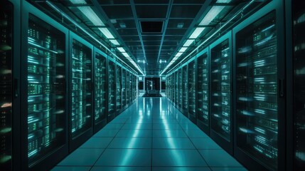 Fototapeta premium High-tech and futuristic interior of a massive data center. Generative AI