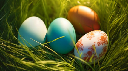 Fototapeta na wymiar Decorated easter eggs in grass background, spring season