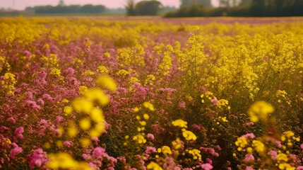 Obraz premium Mustard flower field pink colors a lovely summer day