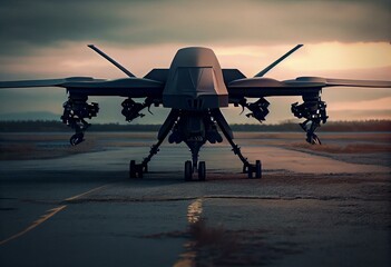 Fototapeta na wymiar Military drone standing on runway. Generative AI