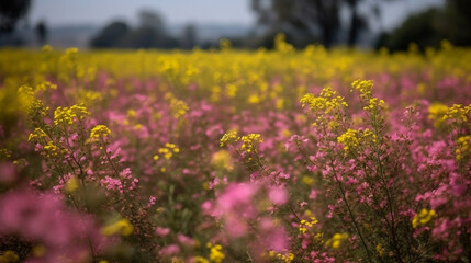 Fototapeta premium Mustard flower field pink colors a lovely summer day