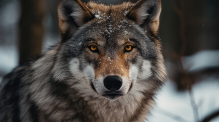 Naklejka na ściany i meble Portrait shot of a beautiful wsingle wolve with thick fur in winter. Generative AI.