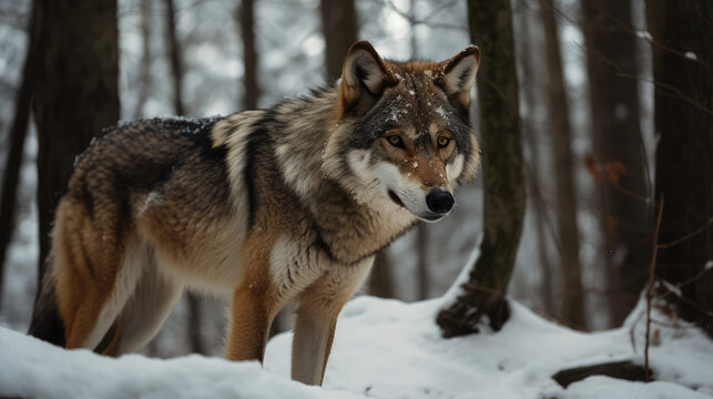 Single wolve standing in the forest in winter. Generative AI.