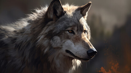 Portrait shot of a grey wolve. Generative AI.