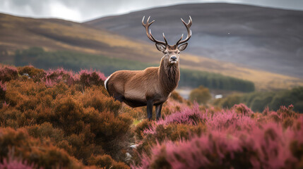 Beautiful single redstag animal standing between blooming heather plants in the scotish hills in the nature. Generative AI.