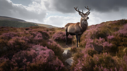 Single beatiful redstag standing in the middle of the blooming heather plants in the scotish mountains. Generative AI.