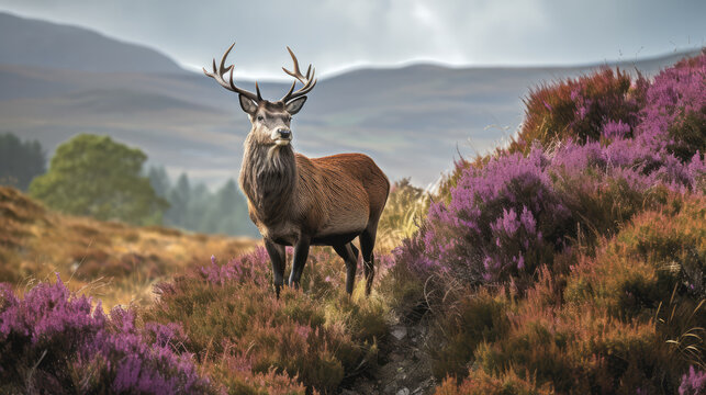 Single beautiful male redstag standing in the middle of blooming heather plants in the scotish hills. Generative AI.