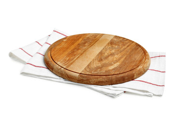 Round wooden board and napkin on white background