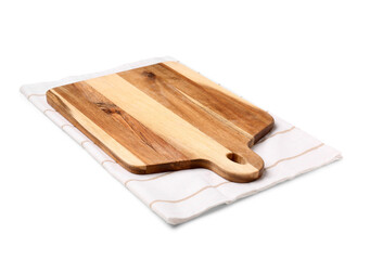 Wooden kitchen board with napkin on white background