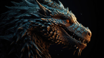 Beautiful portrait of a dragon in front of black background. Generative AI.