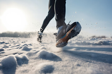 Sneaker Feet running on thick snow for winter exercise concept, Generative AI - 589771201