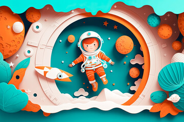 Paper cut poster of Children as Astronaut for Technology Educational concept, Generative AI.