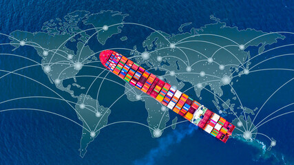 Container ship carrying container for business freight shipping import and export, Aerial view container ship arriving in commercial port.