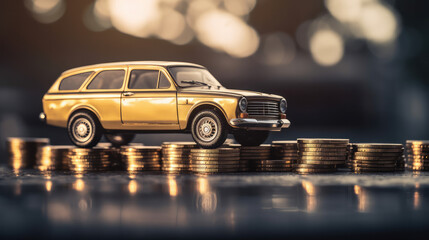 Single old car standing on some stacked golden coins as a symbol for finance. Generative AI.