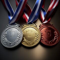 Real Gold medal hanging on red ribbons