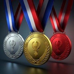 Real Gold medal hanging on red ribbons