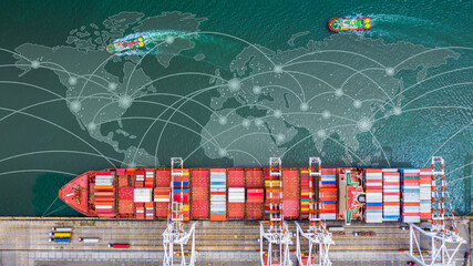 Container ship  loading in a port, Aerial top view container ship in business import export transportation logistic.