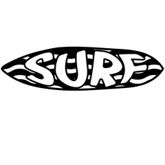 Surfboard with SURF letter word art silhouette