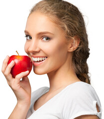 Young woman holding apple isolated on white