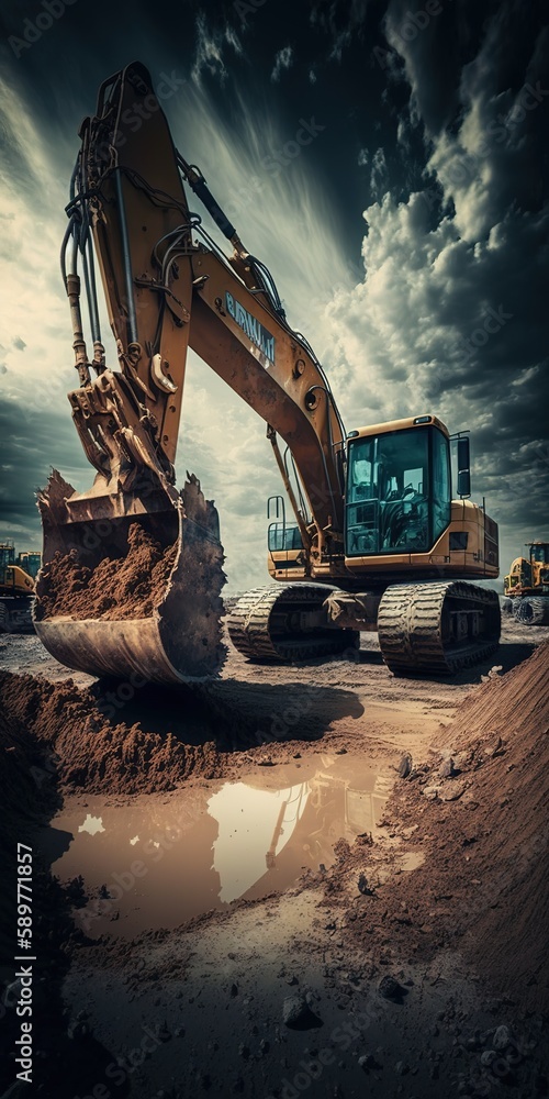 Poster excavators are used to remove soil from a building site. generative ai