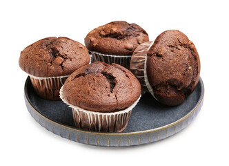 Plate with tasty chocolate cupcakes isolated on white background