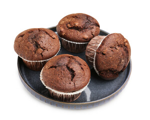 Plate with tasty chocolate cupcakes isolated on white background