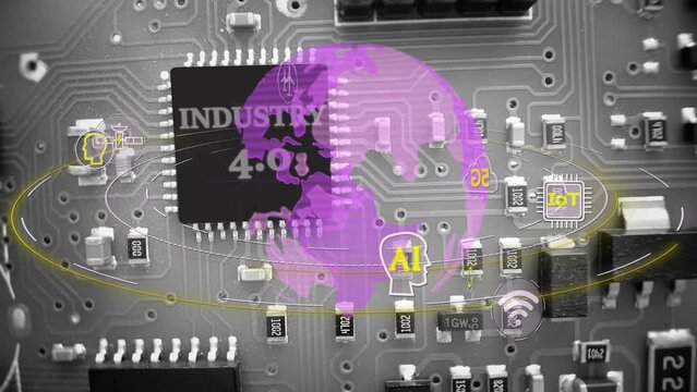 Fourth Industrial Revolution animation on microchip motherboard. Global connection fast internet and artificial intelligence. Industry 4.0 interconnectivity smart automation futuristic society concept
