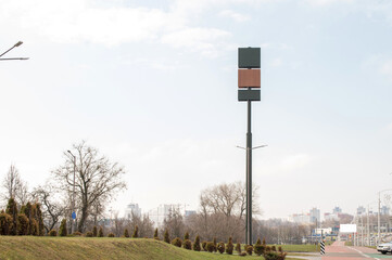 Blank billboard mockup on a tall pole. three empty billboards of different textures. wooden shield