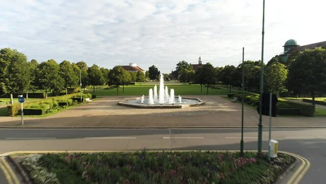 Drone shot revealing a water feature and green open spaces in letchworth garden city centre