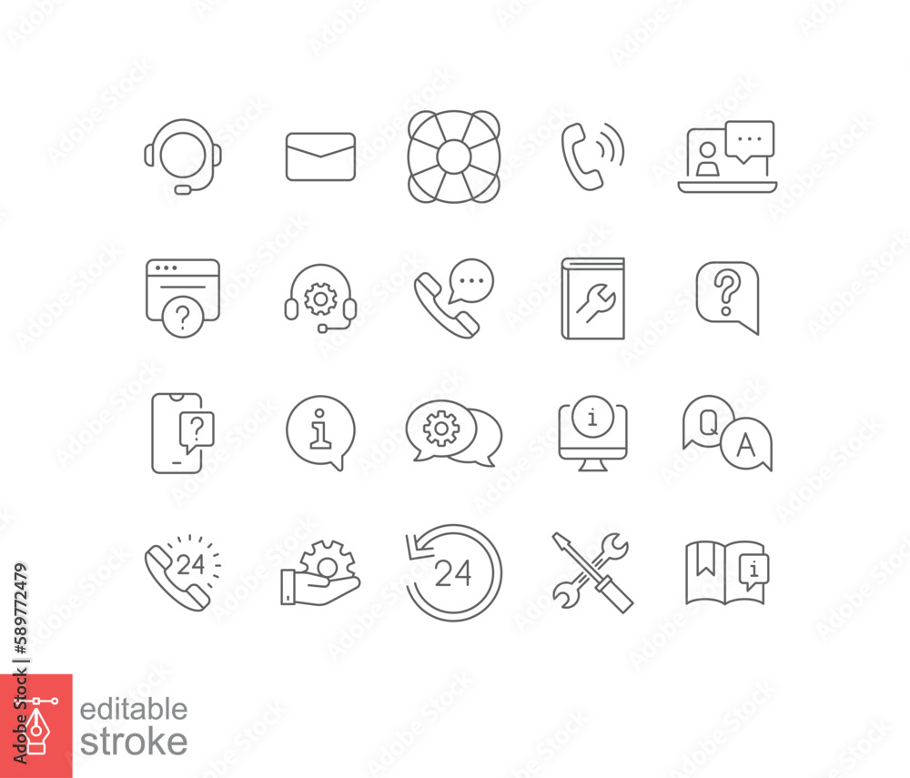 Poster help and support line icon set. simple outline style symbol for web template and app. online service