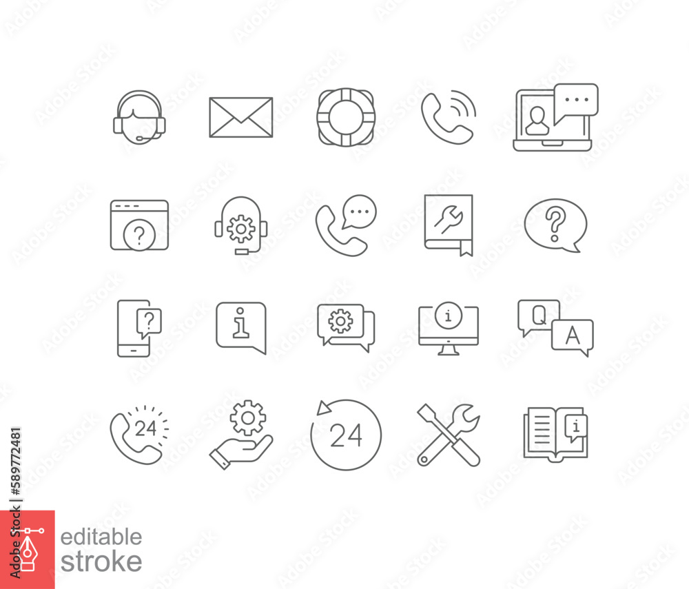 Poster help and support line icon set. simple outline style symbol for web template and app. online service