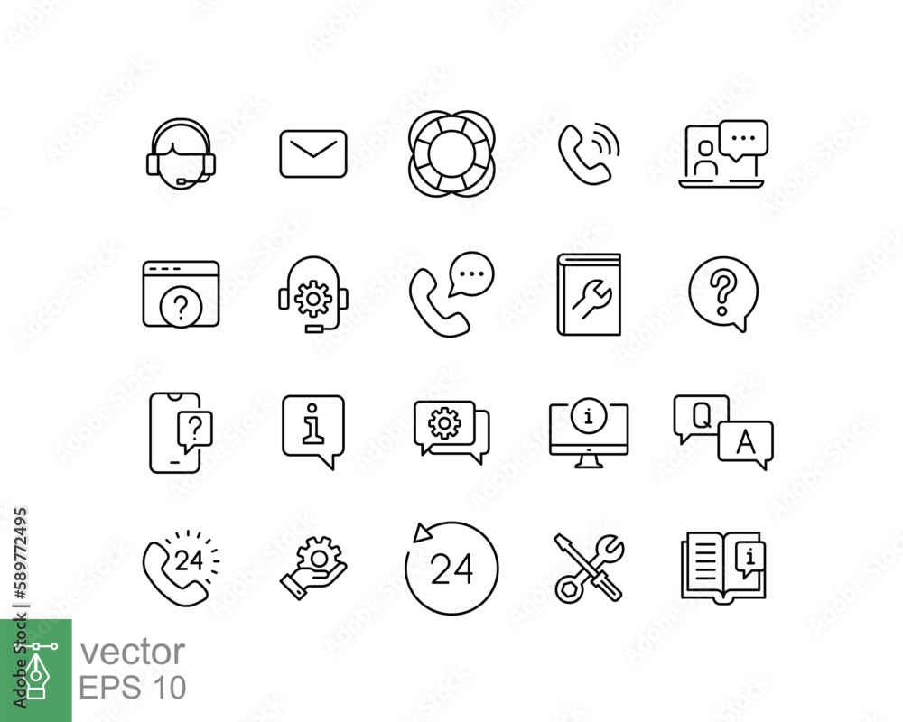 Poster help and support line icon set. simple outline style symbol for web template and app. online service